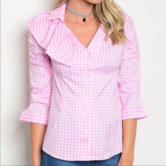 Pink and White Checked Top with Side Collar Ruffle-New‎ - Picture 2 of 7
